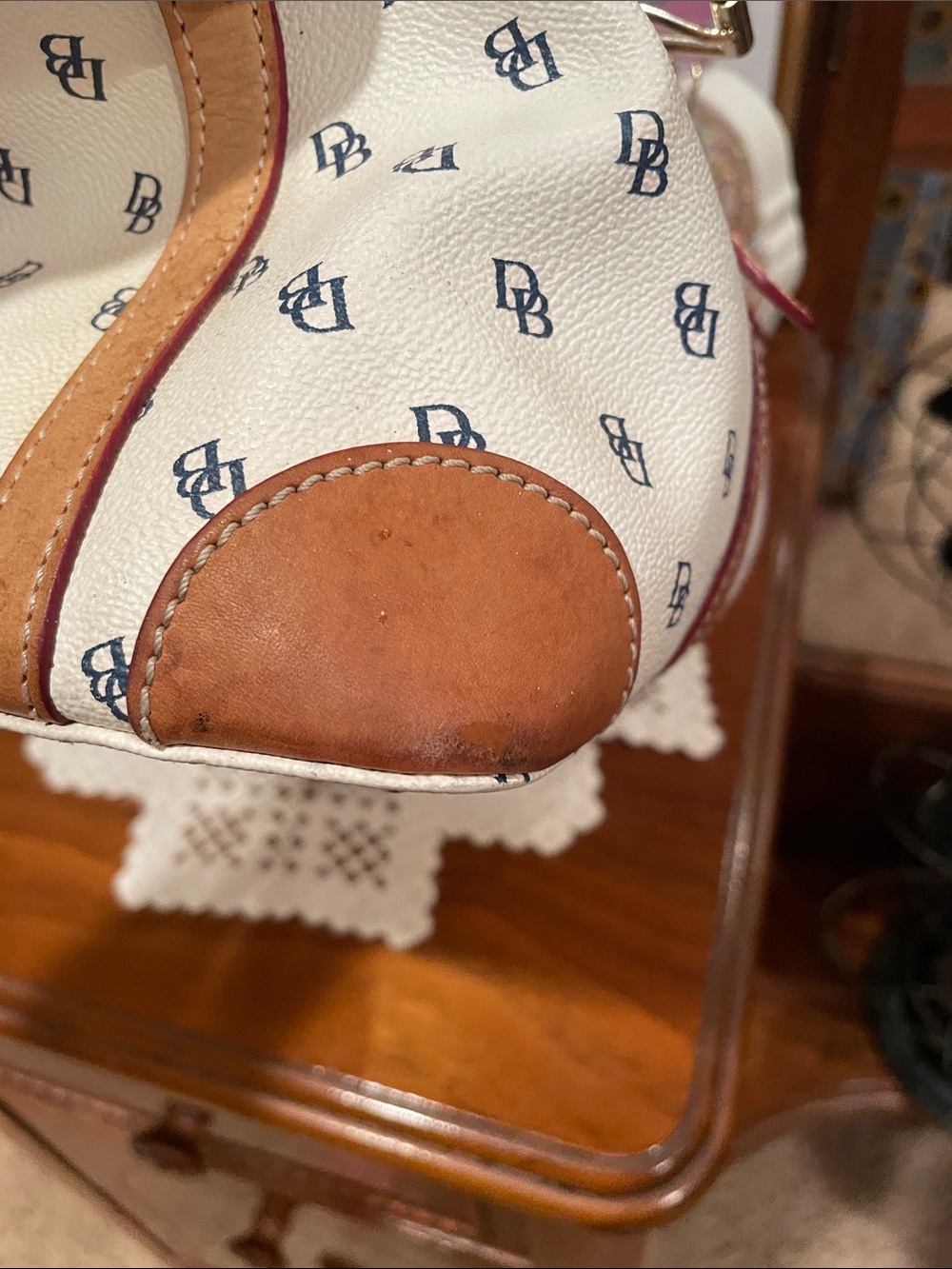 Dooney & Bourke White Logo Satchel with Brown Leather Trim - Picture 6 of 9
